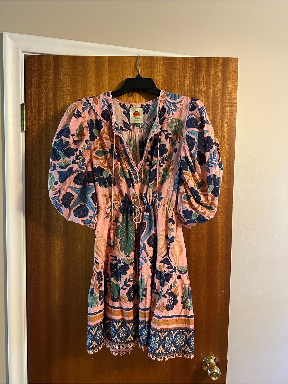 FARM Rio Embroidered Pink Seashell Puff-Sleeve Mini Dress